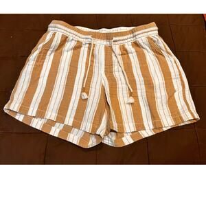 Old‎ Navy Women's LARGE White Tan STRIPES Shorts Tassels ELASTIC WAISTBAND
